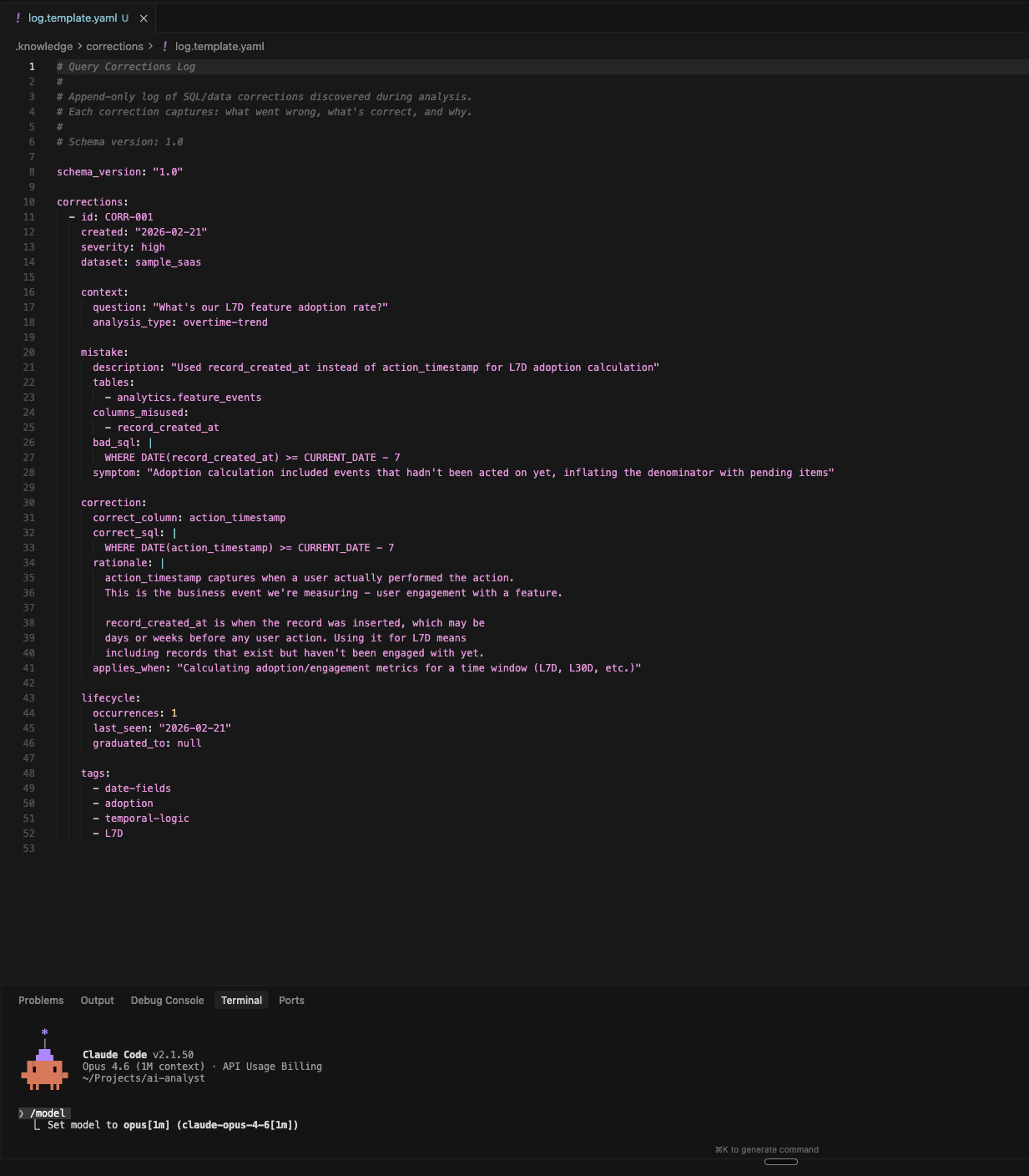 The correction log template in VS Code. Each entry captures the mistake, the fix, the rationale, which tables and columns are involved, and when the correction applies.