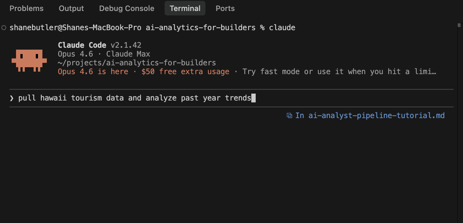 Claude Code terminal showing the Hawaii analysis prompt