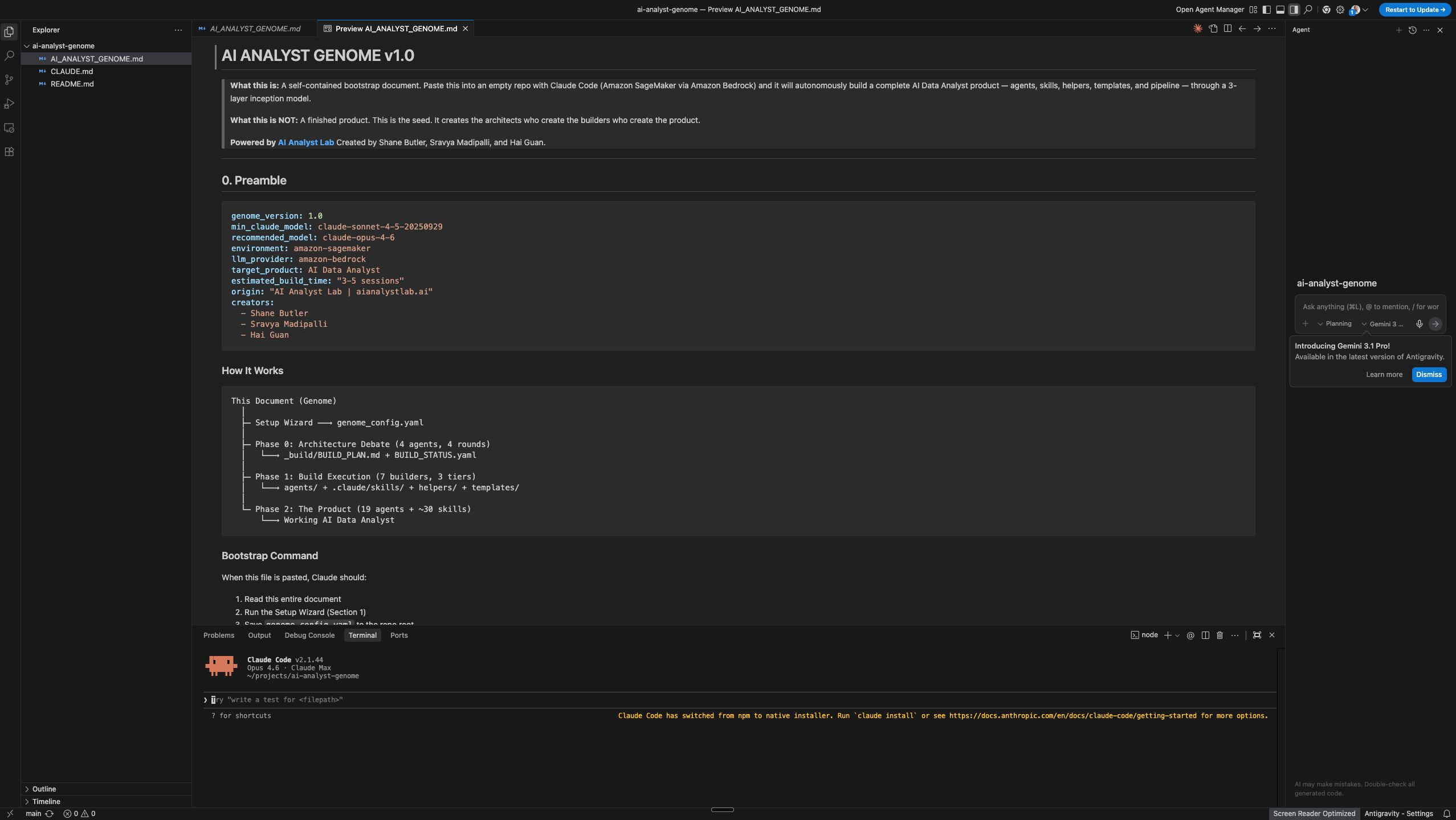 The AI Analyst Genome open in Antigravity with Claude Code. One markdown file, three repo files total.
