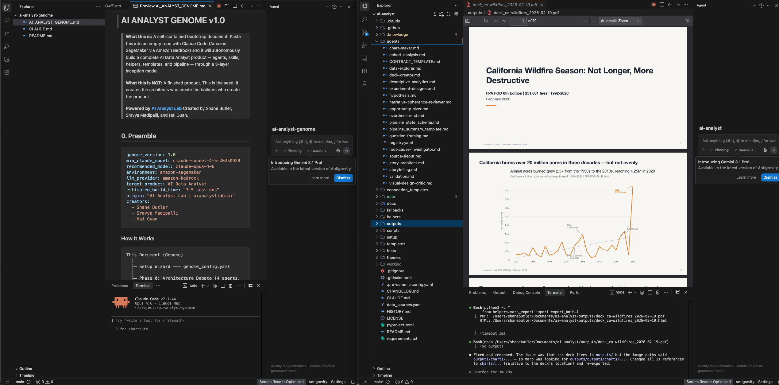Left: the genome repo (one file). Right: the AI analyst it produces (17 agents, 30 skills, 26 helpers) with the wildfire analysis deck open.